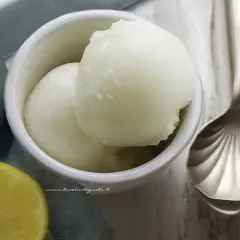 Coppetta con due palline di sorbetto al limone senza albume, accanto una fetta di limone e un cucchiaio decorato.