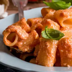 Piatto di pasta con sugo cremoso di ricotta e pomodorini, guarnito con basilico fresco.