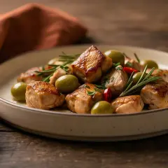 Delizioso spezzatino di pollo con olive verdi, rosmarino e peperoncino su un piatto rustico.