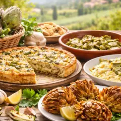 Torta salata e carciofi al forno, contornati da verdure fresche e aglio, su un tavolo di legno con sfondo campestre.