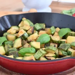 Zucchine in padella sfiziose, dorate e profumate, guarnite con foglie di basilico fresco. Un contorno semplice e gustoso.