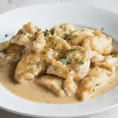 Straccetti di pollo cremosi, teneri bocconcini di pollo in una salsa vellutata, guarniti con prezzemolo tritato.