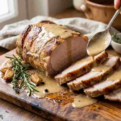 Arista al latte succulenta, affettata e irrorata con salsa cremosa, accompagnata da aglio arrosto e rosmarino su un tagliere di legno.
