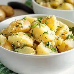 Una ciotola bianca piena di saporita insalata di patate condita con erbe fresche e aglio.