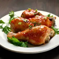 Tre cosce di pollo glassate, guarnite con erbe aromatiche e cipollotto, un delizioso pollo alla birra pronto da gustare.