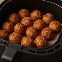 Polpette dorate e croccanti pronte per essere gustate, appena uscite dalla friggitrice ad aria.