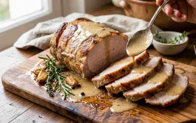 Arista al latte succulenta, affettata e irrorata con salsa cremosa, accompagnata da aglio arrosto e rosmarino su un tagliere di legno.
