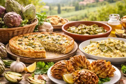 Torta salata e carciofi al forno, contornati da verdure fresche e aglio, su un tavolo di legno con sfondo campestre.