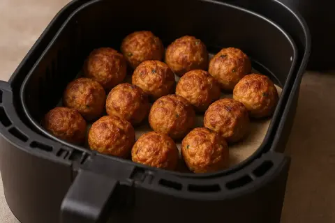 Polpette dorate e croccanti pronte per essere gustate, appena uscite dalla friggitrice ad aria.
