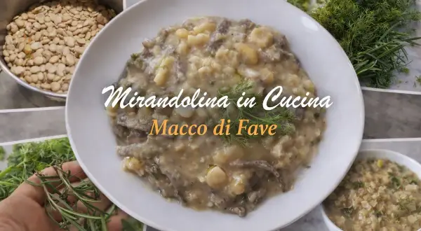 Piatto di macco di fave cremoso, con patate e erbe aromatiche fresche. Ingredienti per un piatto gustoso.
