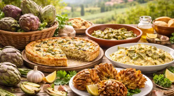 Torta salata e carciofi al forno, contornati da verdure fresche e aglio, su un tavolo di legno con sfondo campestre.