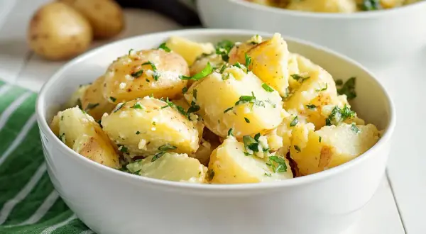 Una ciotola bianca piena di saporita insalata di patate condita con erbe fresche e aglio.
