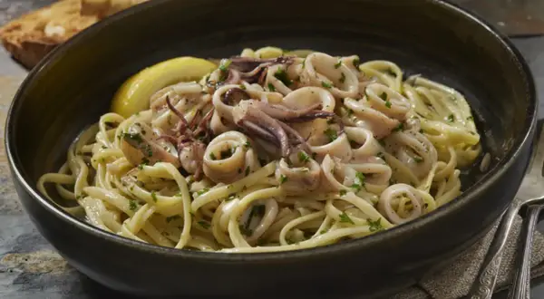 Un piatto invitante di pasta con calamari, guarnito con prezzemolo fresco e una fetta di limone.