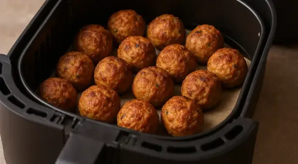 Polpette dorate e croccanti pronte per essere gustate, appena uscite dalla friggitrice ad aria.
