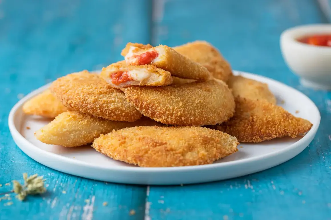 Sofficini fatti in casa dorati e croccanti, ripieni di pomodoro e mozzarella filante, serviti su un piatto bianco.
