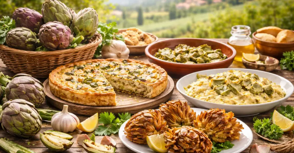Torta salata e carciofi al forno, contornati da verdure fresche e aglio, su un tavolo di legno con sfondo campestre.