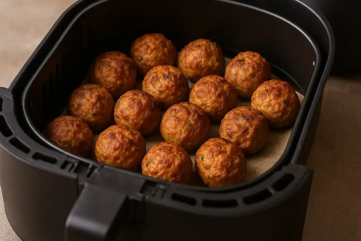 Polpette dorate e croccanti pronte per essere gustate, appena uscite dalla friggitrice ad aria.