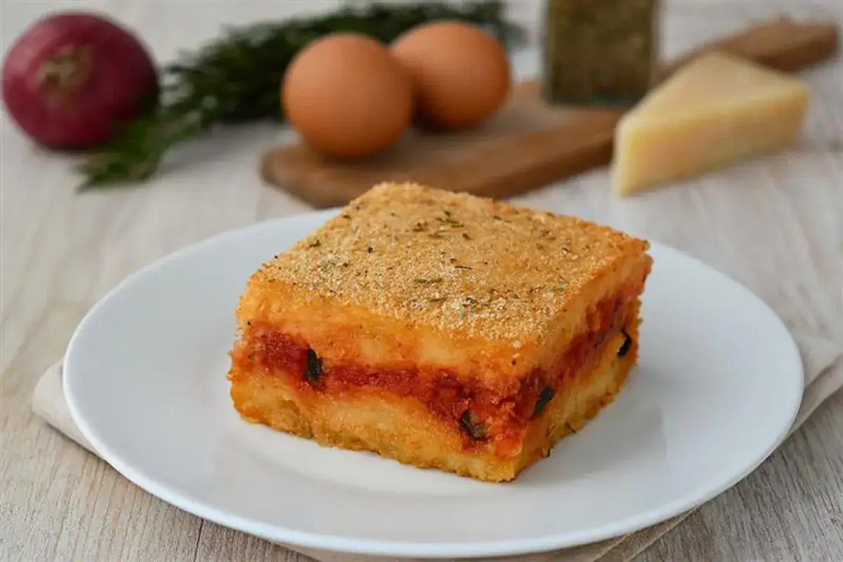 Una fetta di pitta di patate dorata e croccante, ripiena di sugo rosso e verdure. Ingredienti freschi come uova e formaggio sullo sfondo.