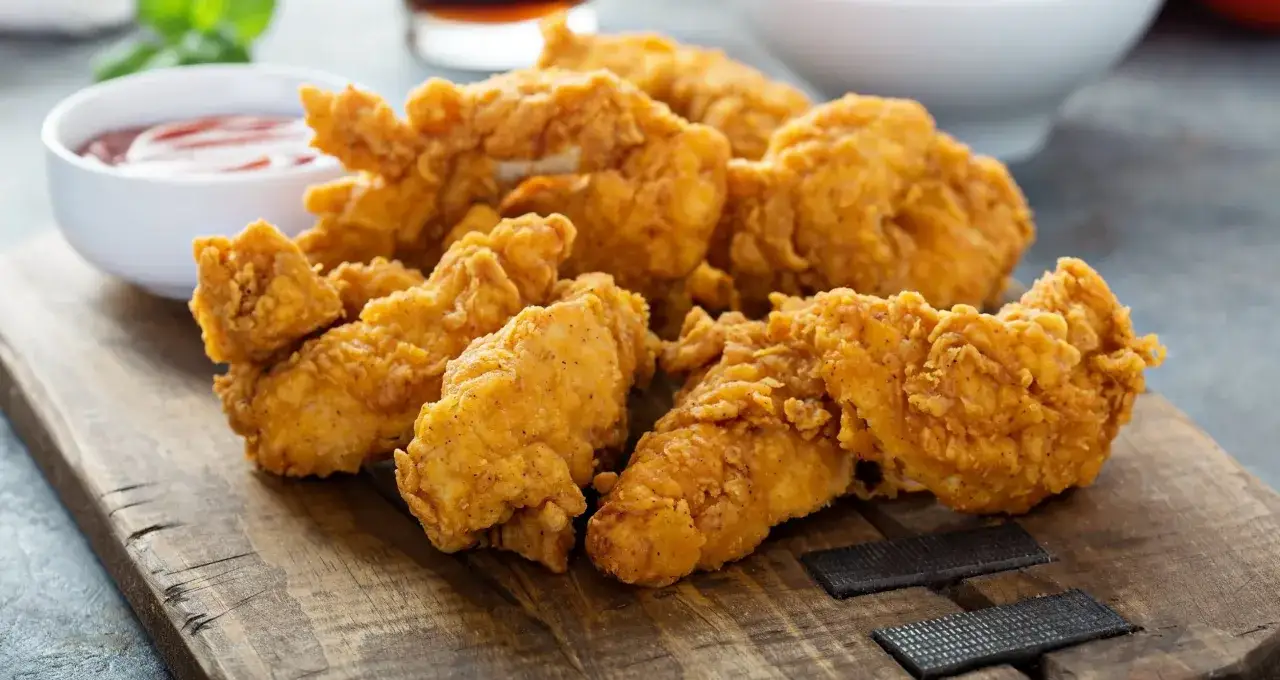 Croccanti strisce di pollo alla diavola su tagliere di legno, con ciotolina di ketchup sullo sfondo.