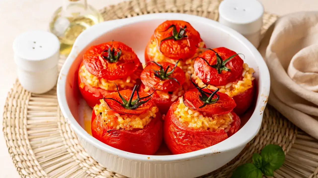 Pomodori ripieni di riso, cotti al forno e serviti in una teglia bianca, pronti per essere gustati.