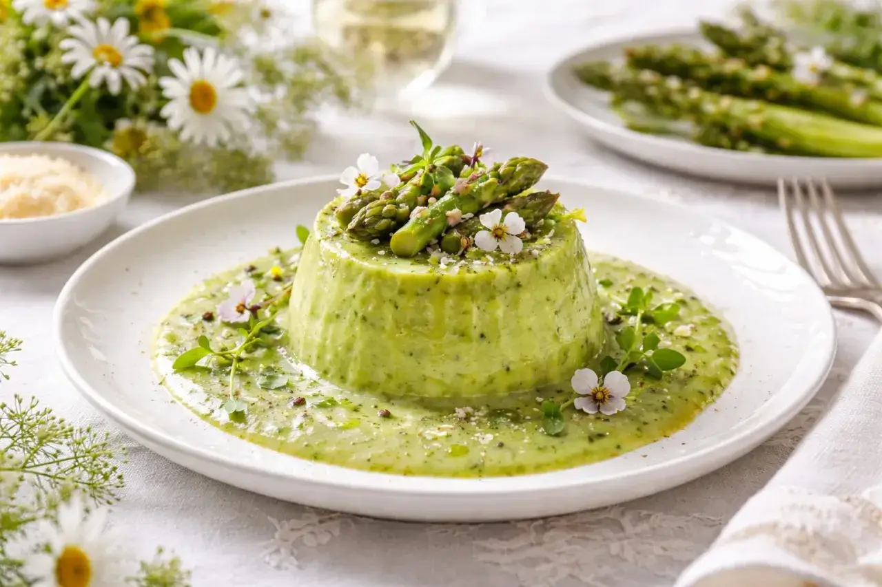 Delicato flan di asparagi, guarnito con punte di asparagi freschi e fiori eduli, servito su un letto di salsa verde.