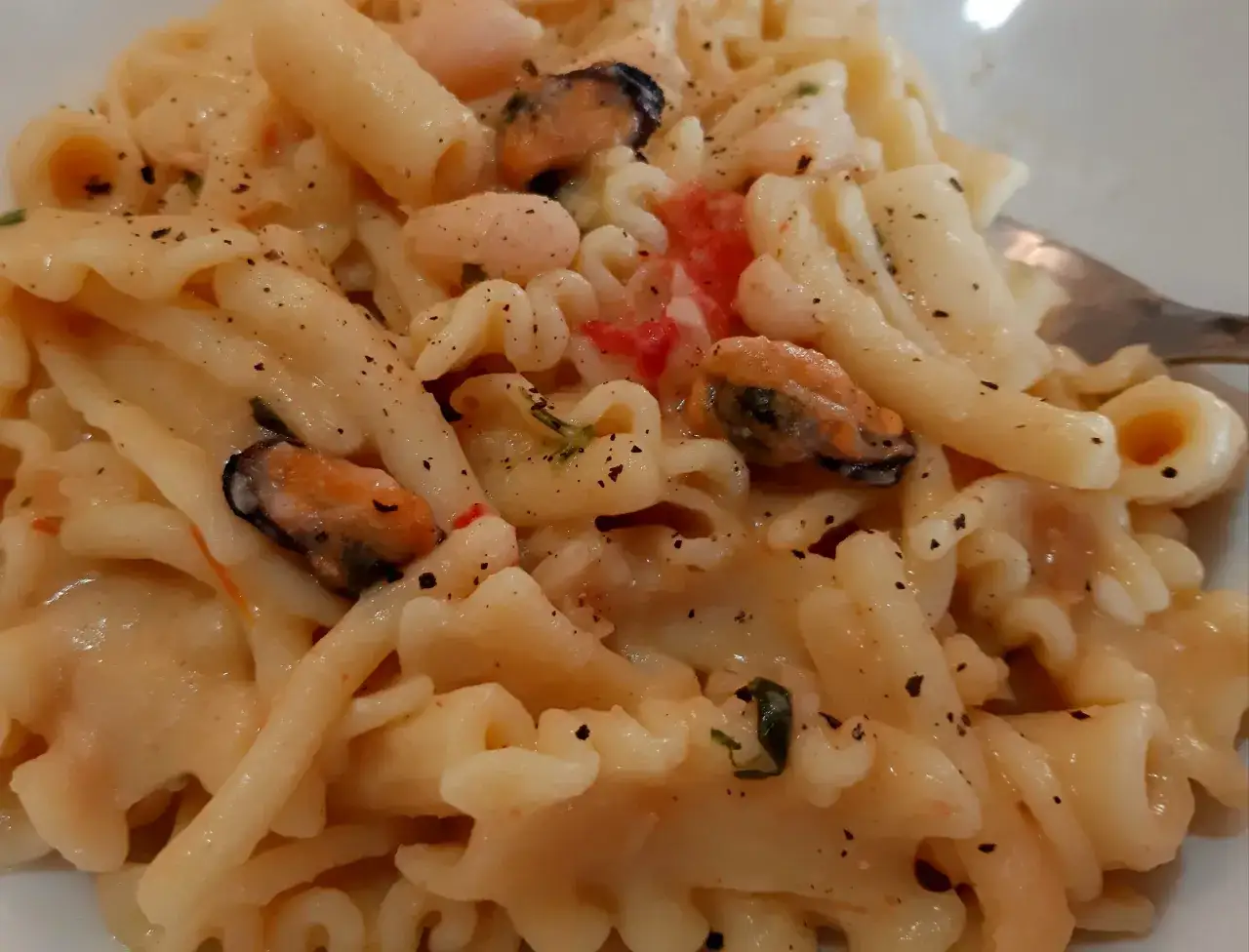 Un piatto di pasta fagioli e cozze, con pasta corta, fagioli bianchi, cozze e un sugo leggero.