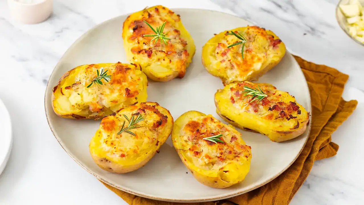 Patate ripiene al forno, dorate e gratinate, guarnite con rosmarino fresco. Un piatto invitante e saporito.