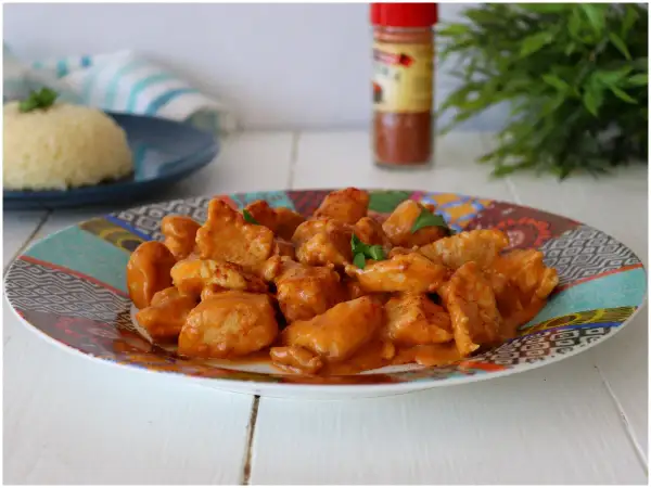 Succulento pollo alla paprika in una salsa cremosa, servito su un piatto colorato con riso bianco sullo sfondo.
