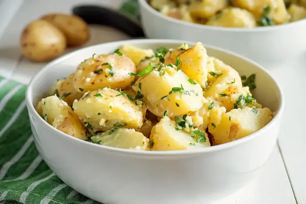 Una ciotola bianca piena di saporita insalata di patate condita con erbe fresche e aglio.