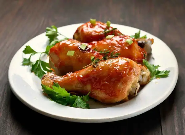 Tre cosce di pollo glassate, guarnite con erbe aromatiche e cipollotto, un delizioso pollo alla birra pronto da gustare.
